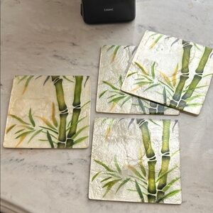 Bamboo Print Square Coasters - Green and Cream
